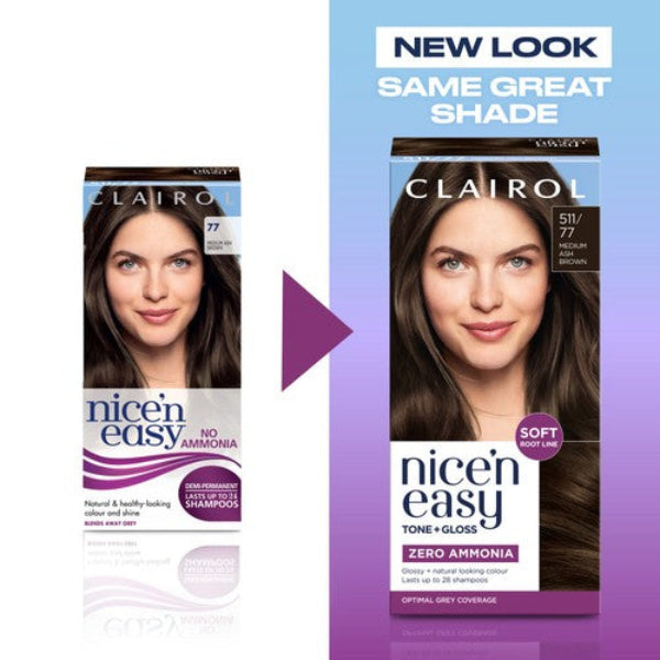 Clairol Nice N Easy Tone + Gloss 511/77 Medium Ash Brown 28 Shampoos