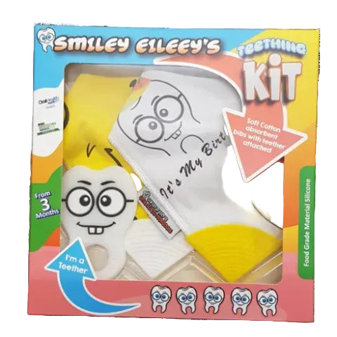 Packaging of Smiley Eileey's Teething Kit featuring two teething bibs and a teether with a cartoon character design, displayed against a yellow background.
