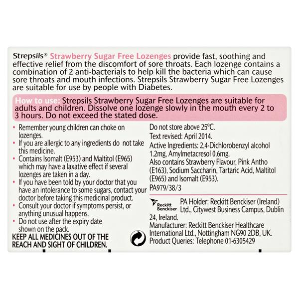 Strepsils Strawberry Sugar Free 16 Lozenges