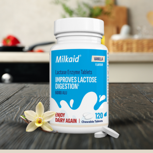 Milkaid Lactase Enzyme Chewable Tablets 6000ALU Vanilla Flavour 120